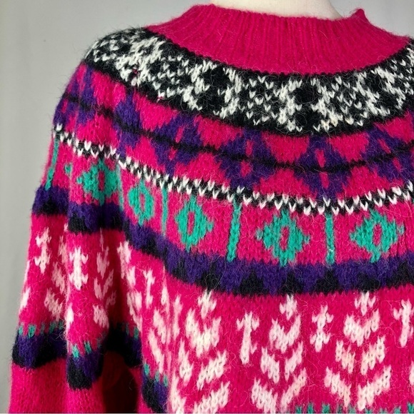 VINTAGE Venezia bright pink fair isle sweater faux mohair 1980s 18/20 - Picture 2 of 8